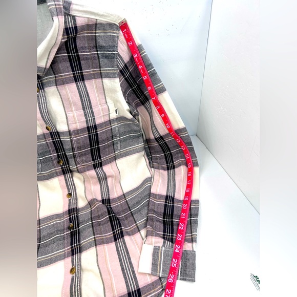 VANS, SMALL (S), FLANNEL LADIES LONG SLEVES SHIRT, BEIGE BASE GREY GREEN LINES - Picture 12 of 13